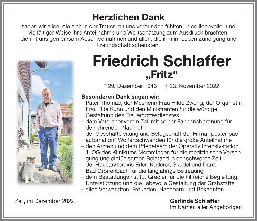  Traueranzeige für Friedrich Schlaffer vom 10.12.2022 aus Memminger Zeitung
