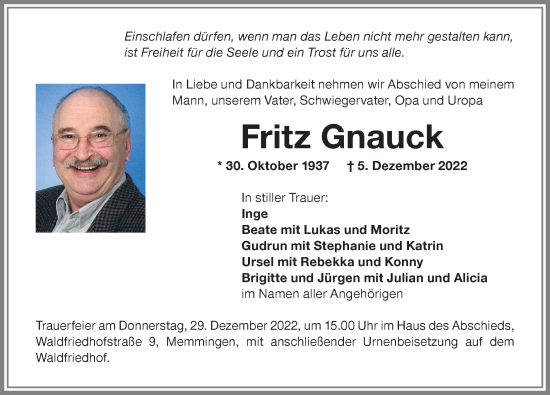 Traueranzeige von Fritz Gnauck von Memminger Zeitung