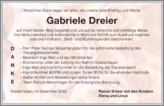 Traueranzeige von Gabriele Dreier von Memminger Zeitung