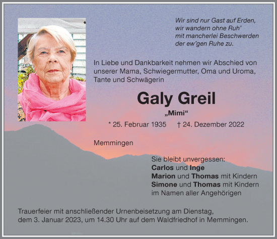 Traueranzeige von Galy Greil von Memminger Zeitung
