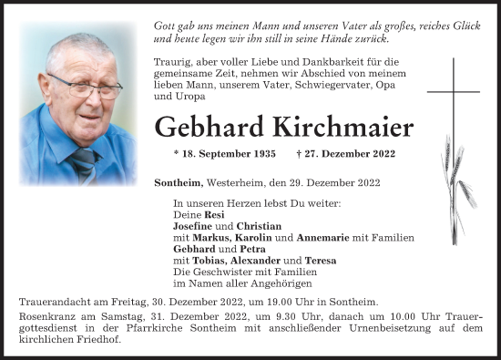 Traueranzeige von Gebhard Kirchmaier von Memminger Zeitung