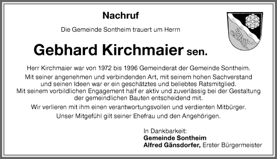 Traueranzeige von Gebhard Kirchmaier von Memminger Zeitung