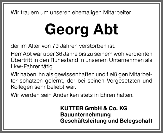Traueranzeige von Georg Abt von Memminger Zeitung