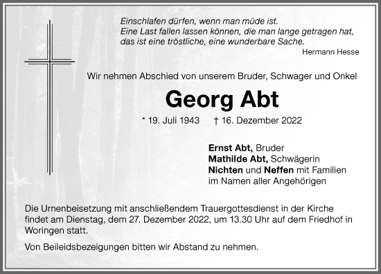 Traueranzeige von Georg Abt von Memminger Zeitung