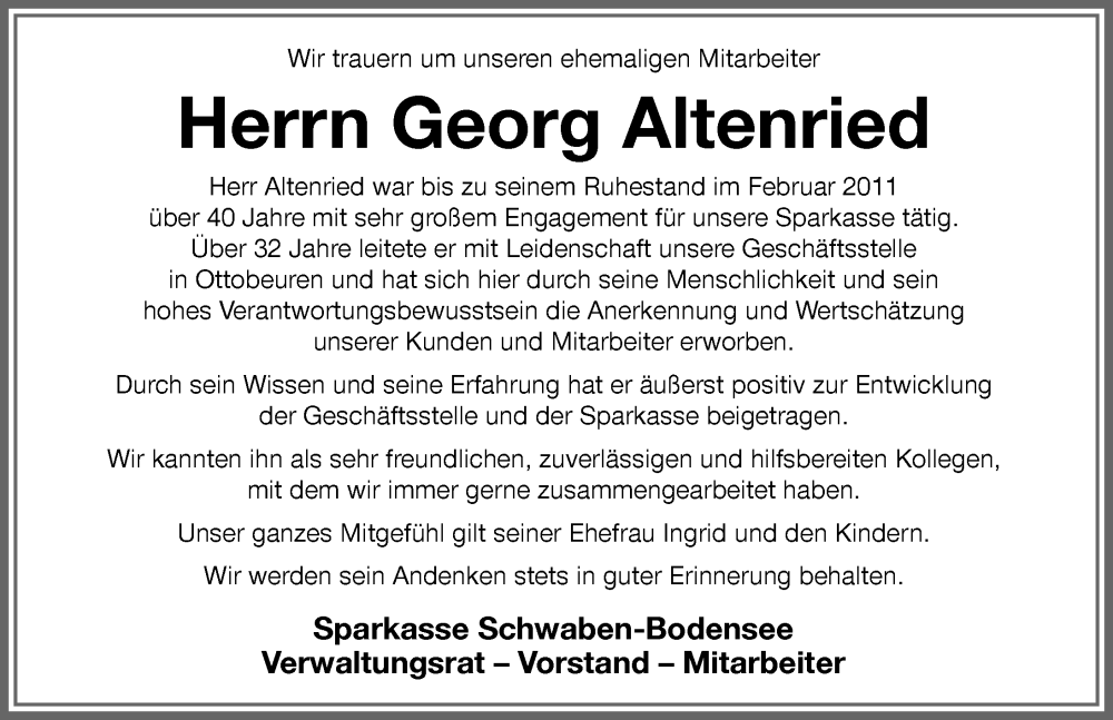  Traueranzeige für Georg Altenried vom 10.12.2022 aus Memminger Zeitung