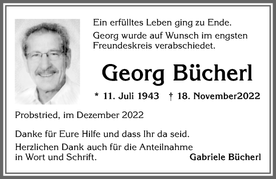 Traueranzeige von Georg Bücherl von Allgäuer Zeitung,Kempten