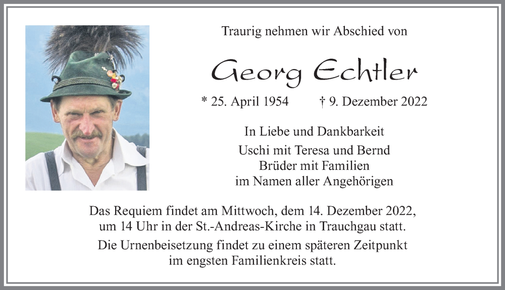  Traueranzeige für Georg Echtler vom 13.12.2022 aus Allgäuer Zeitung, Füssen
