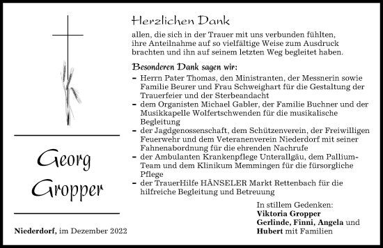 Traueranzeige von Georg Gropper von Memminger Zeitung