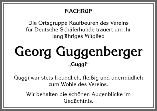 Traueranzeige von Georg Guggenberger von Allgäuer Zeitung, Kaufbeuren/Buchloe