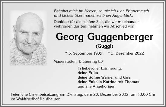 Traueranzeige von Georg Guggenberger von Allgäuer Zeitung, Kaufbeuren/Buchloe