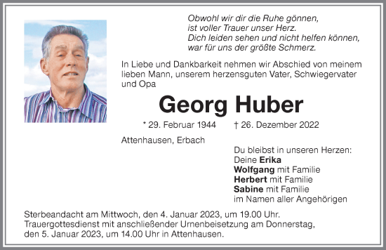 Traueranzeige von Georg Huber von Memminger Zeitung