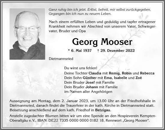 Traueranzeige von Georg Mooser von Allgäuer Zeitung,Kempten