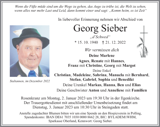 Traueranzeige von Georg Sieber von Allgäuer Zeitung, Füssen