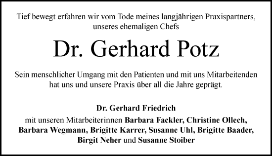 Traueranzeige von Gerhard Potz von Memminger Zeitung