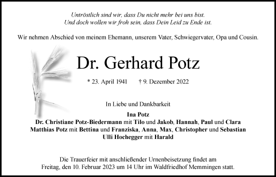 Traueranzeige von Gerhard Potz von Memminger Zeitung