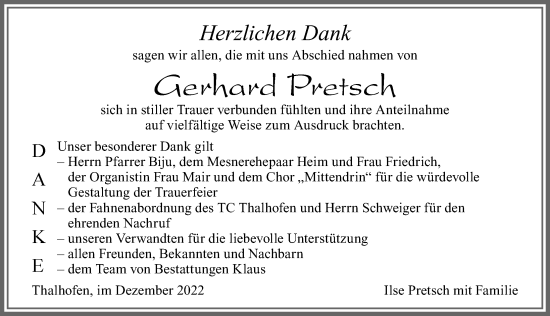 Traueranzeige von Gerhard Pretsch von Allgäuer Zeitung, Marktoberdorf