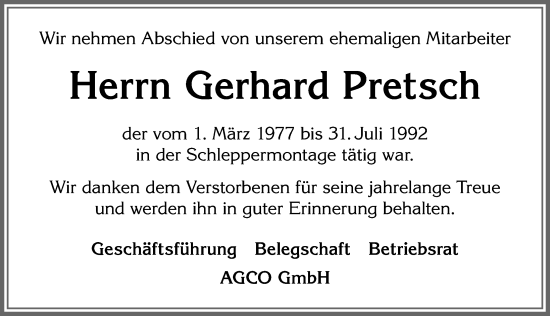 Traueranzeige von Gerhard Pretsch von Allgäuer Zeitung, Marktoberdorf