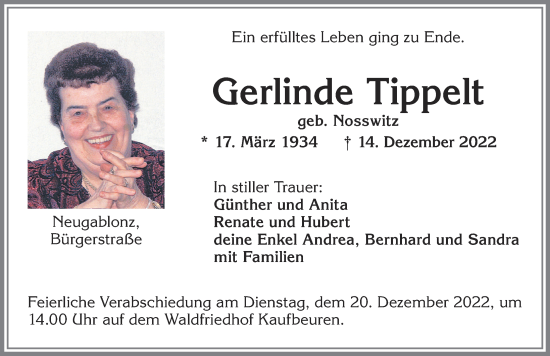 Traueranzeige von Gerlinde Tippelt von Allgäuer Zeitung, Kaufbeuren/Buchloe