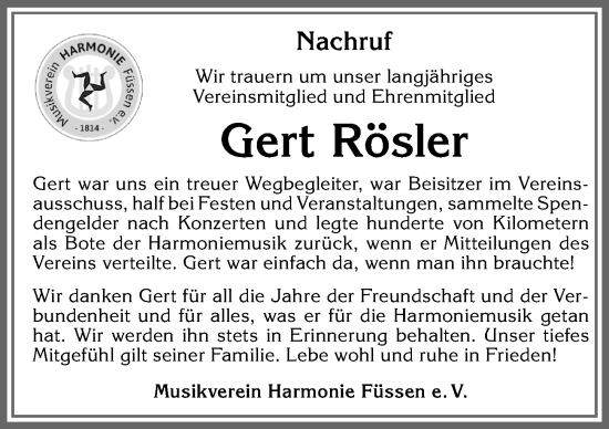 Traueranzeige von Gert Rösler von Allgäuer Zeitung, Füssen