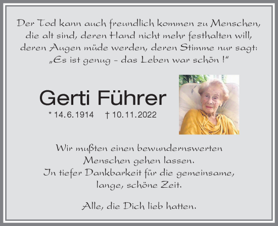 Traueranzeige von Gerti Führer von Allgäuer Zeitung,Kempten
