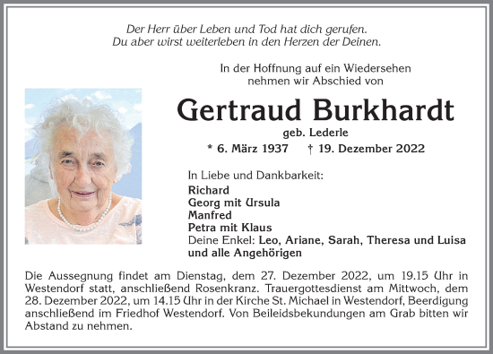 Traueranzeige von Gertraud Burkhardt von Allgäuer Zeitung, Kaufbeuren/Buchloe