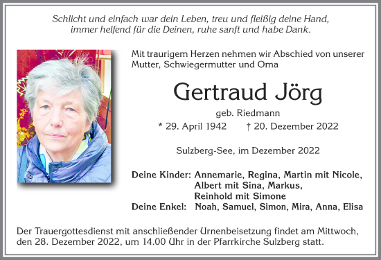 Traueranzeige von Gertraud Jörg von Allgäuer Zeitung,Kempten