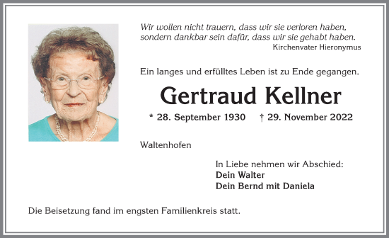 Traueranzeige von Gertraud Kellner von Allgäuer Zeitung,Kempten