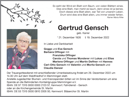 Traueranzeige von Gertrud Gensch von Memminger Zeitung