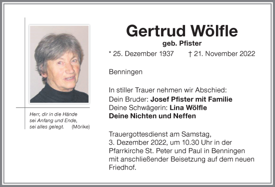 Traueranzeige von Gertrud Wölfle von Memminger Zeitung