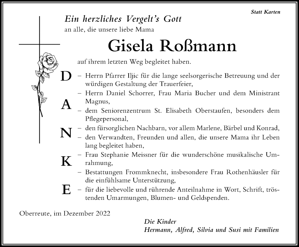  Traueranzeige für Gisela Roßmann vom 10.12.2022 aus Der Westallgäuer