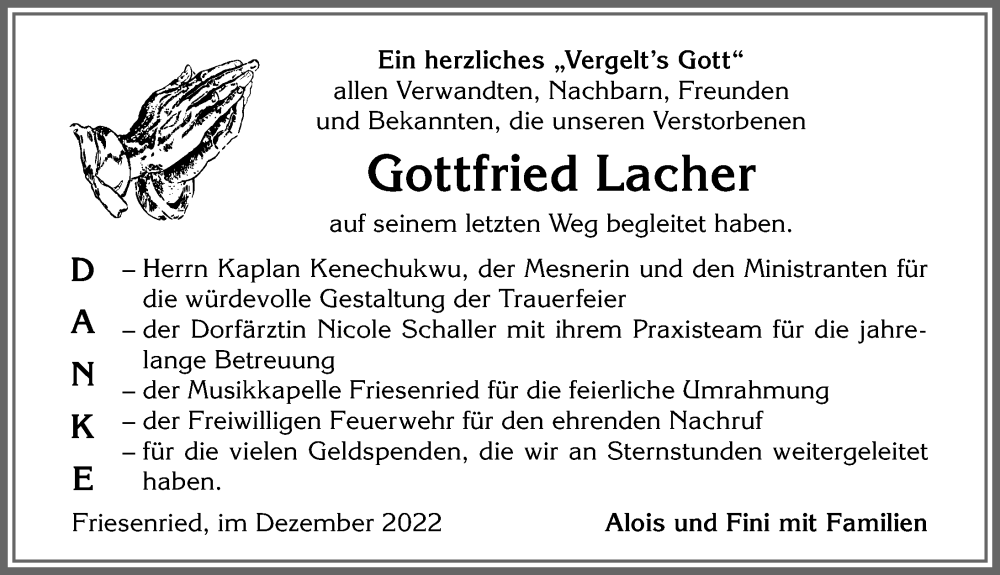  Traueranzeige für Gottfried Lacher vom 09.12.2022 aus Allgäuer Zeitung, Kaufbeuren/Buchloe