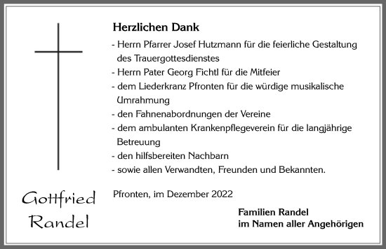 Traueranzeige von Gottfried Randel von Allgäuer Zeitung, Füssen
