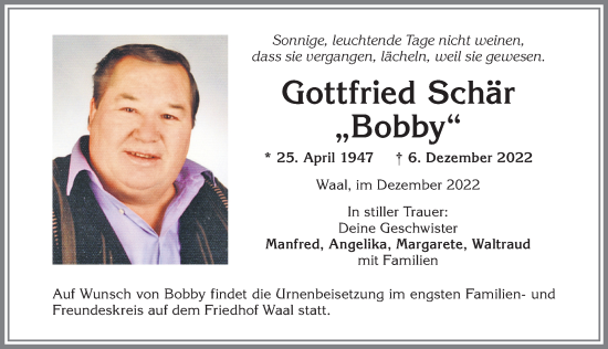 Traueranzeige von Gottfried Schär von Allgäuer Zeitung, Kaufbeuren/Buchloe