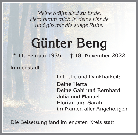 Traueranzeige von Günter Beng von Allgäuer Anzeigeblatt