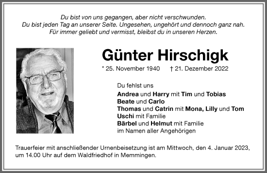 Traueranzeige von Günter Hirschigk von Memminger Zeitung