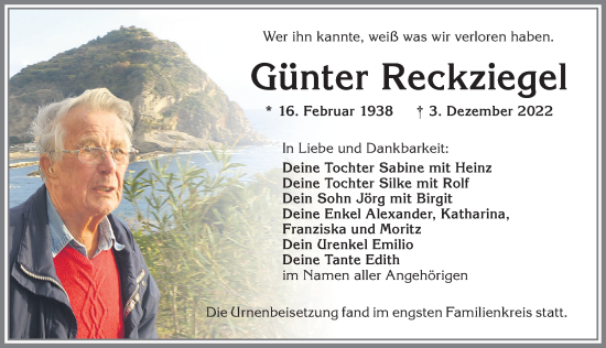 Traueranzeige von Günter Reckziegel von Allgäuer Zeitung, Kaufbeuren/Buchloe
