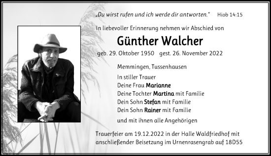 Traueranzeige von Günther Walcher von Memminger Zeitung