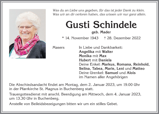 Traueranzeige von Gusti Schindele von Allgäuer Zeitung,Kempten