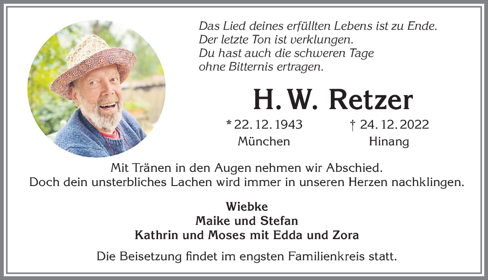  Traueranzeige für H. W. Retzer vom 29.12.2022 aus Allgäuer Anzeigeblatt
