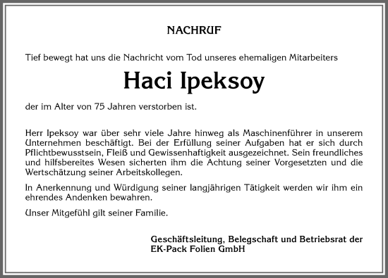 Traueranzeige von Haci Ipeksoy von Allgäuer Zeitung,Kempten