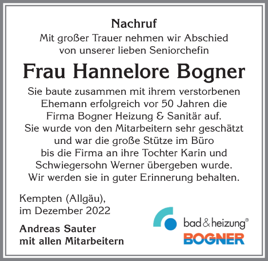 Traueranzeige von Hannelore Bogner von Allgäuer Zeitung,Kempten