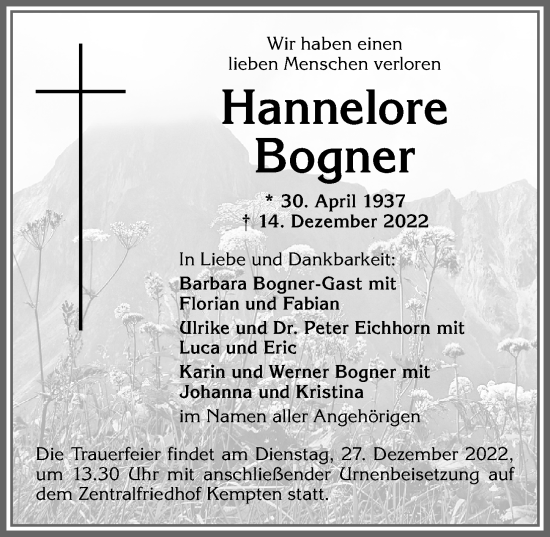 Traueranzeige von Hannelore Bogner von Allgäuer Zeitung,Kempten