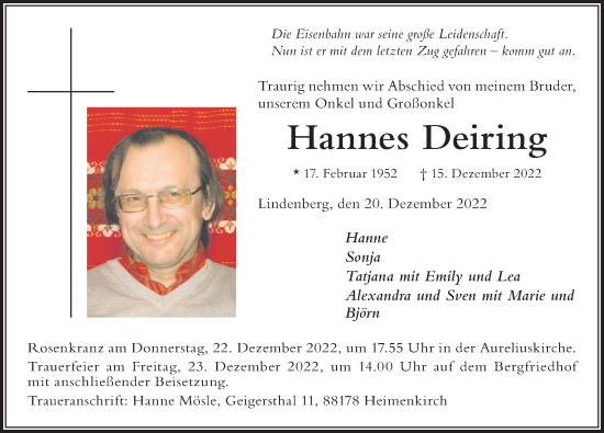 Traueranzeige von Hannes Deiring von Der Westallgäuer