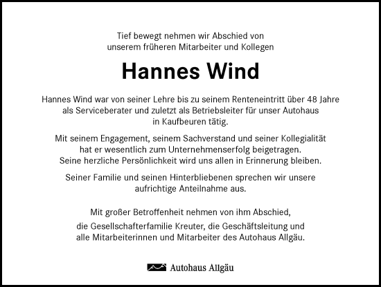 Traueranzeige von Hannes Wind von Allgäuer Zeitung, Kaufbeuren/Buchloe