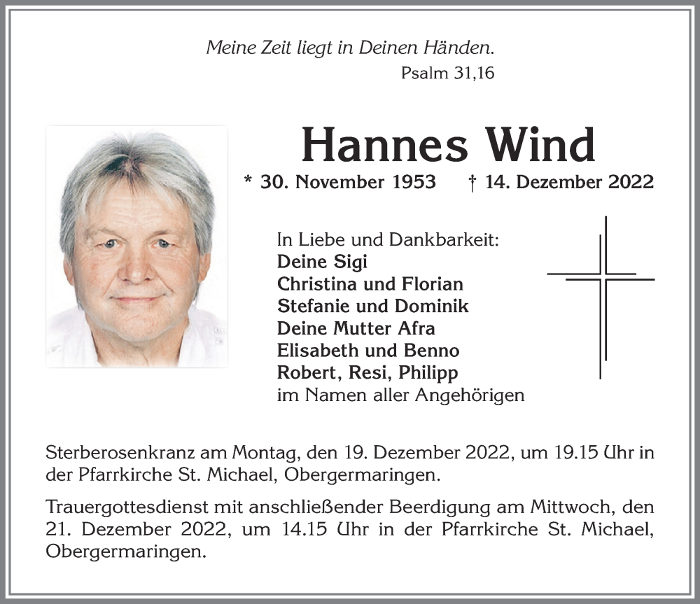  Traueranzeige für Hannes Wind vom 17.12.2022 aus Allgäuer Zeitung, Kaufbeuren/Buchloe