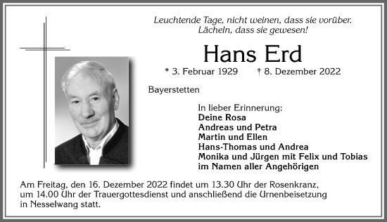 Traueranzeige von Hans Erd von Allgäuer Zeitung, Füssen