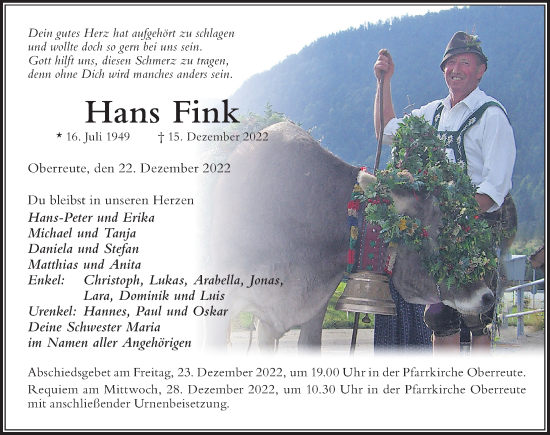 Traueranzeige von Hans Fink von Der Westallgäuer
