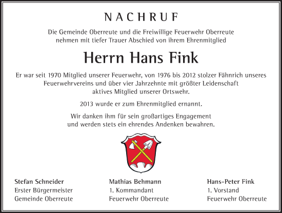 Traueranzeige von Hans Fink von Der Westallgäuer