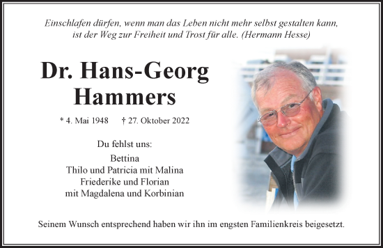 Traueranzeige von Hans-Georg Hammers von Der Westallgäuer