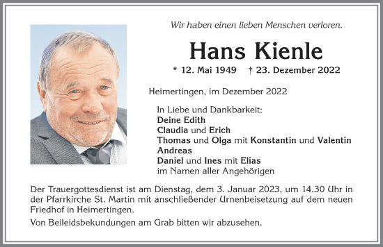 Traueranzeige von Hans Kienle von Memminger Zeitung